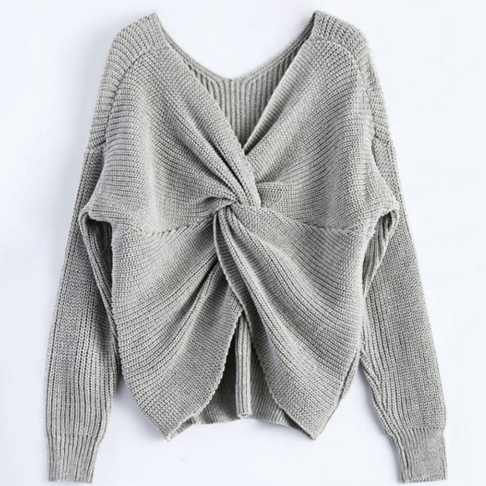 Open Back Twisted Knot Back Comfy Sweater - Picture 3 of 8